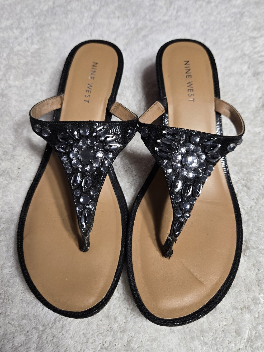 Nine West Women's Wedge Sandals With Rhinestones Sz 8.5 Black